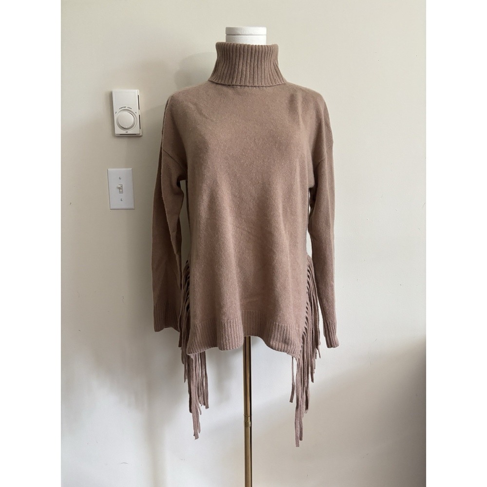 C by Bloomingdales Cashmere Turtleneck Sweater Boho Fringe XS Small Tan